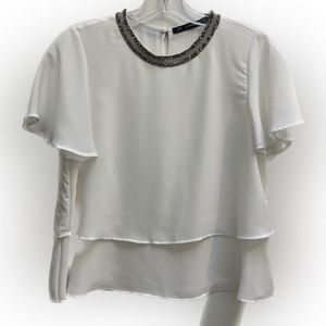 Zara White Blouse with Embellished Sequins Rhinestone Collar